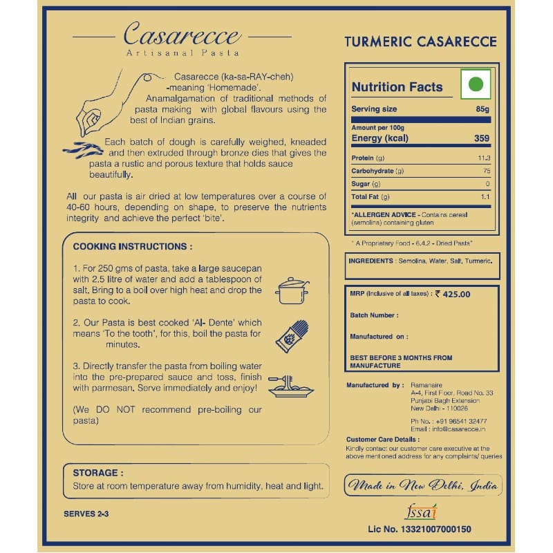 Orgenik: Turmeric Casarecce from brand Casarecce Artisanal Pasta