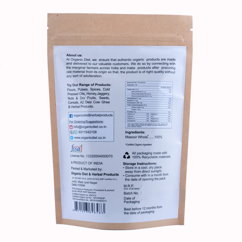 Orgenik: Shop Organic Masoor Whole(Masoor Sabut) from the brand Organic Diet