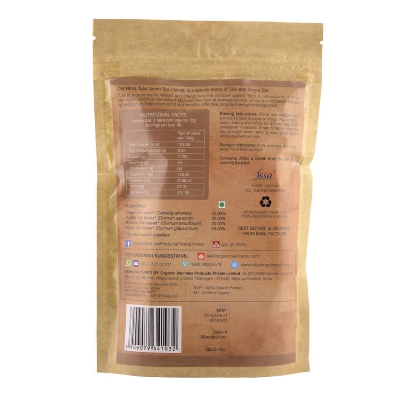 Orgenik: Shop Tulsi Green Tea Classic 100 g Zipper Pack from the brand Organic Wellness
