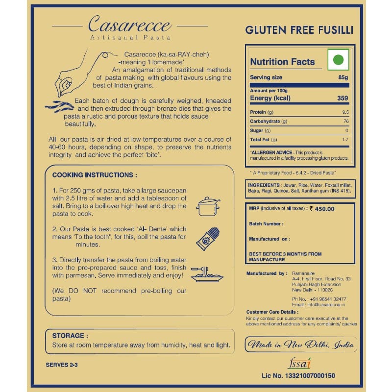 Orgenik: Gluten Free Fusilli from brand Casarecce Artisanal Pasta