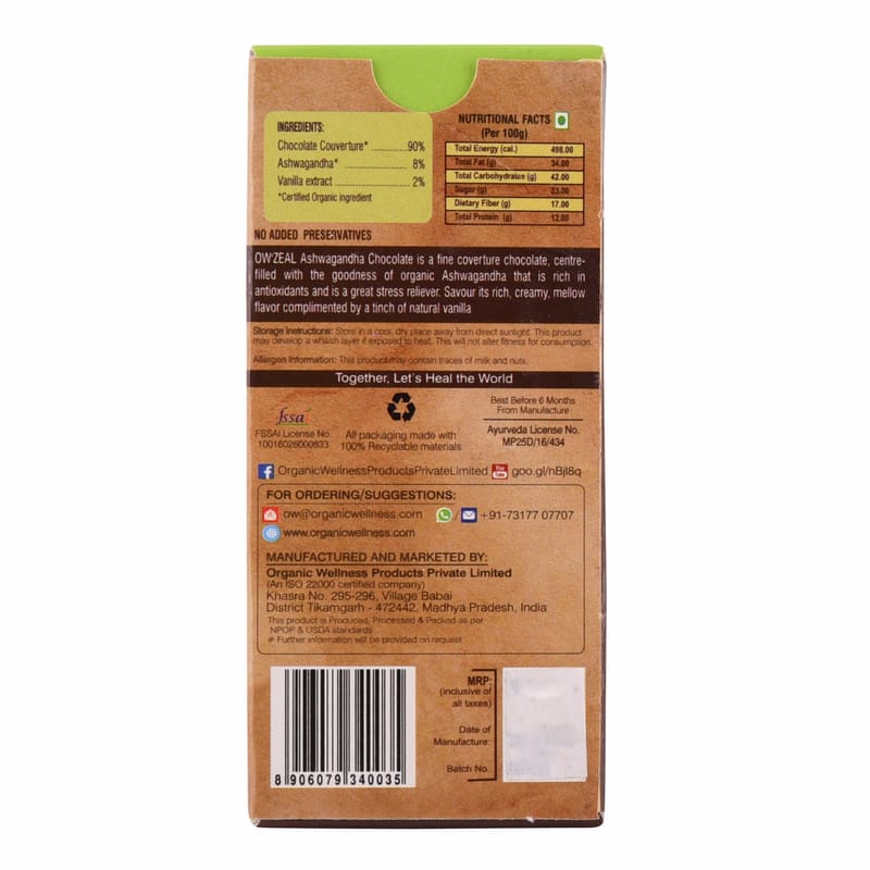 Orgenik: Shop Ashwagandha Chocolate 42.5 g from the brand Organic Wellness
