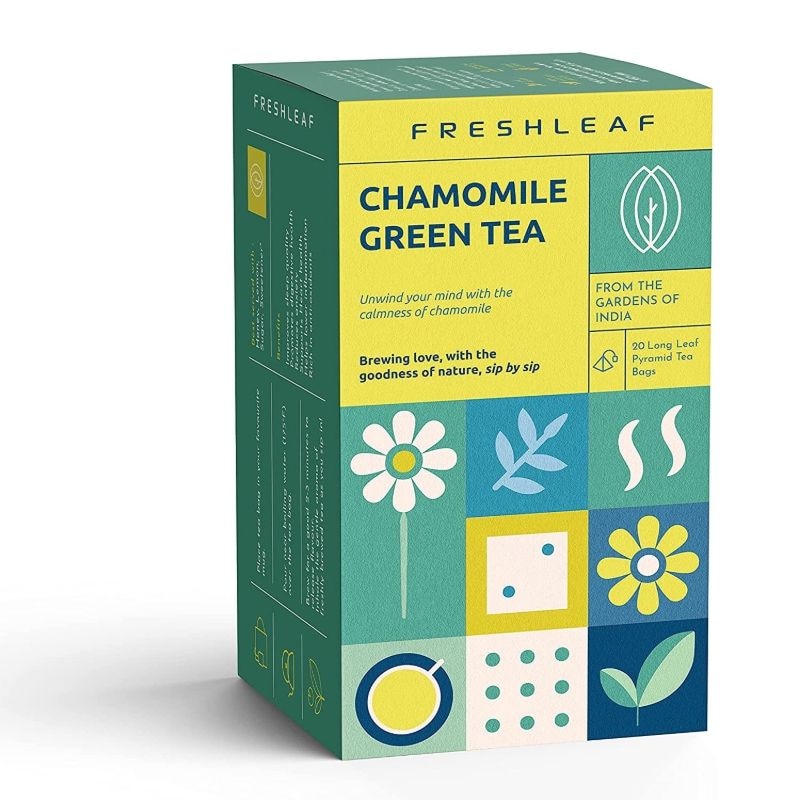 Orgenik: Chamomile Green Tea Leaf for Good Sleep & Stress Relief made with 100% Whole Leaf and Chamomile Flowers for Weight Loss 20 Pyramid Tea Bags from brand Freshleaf