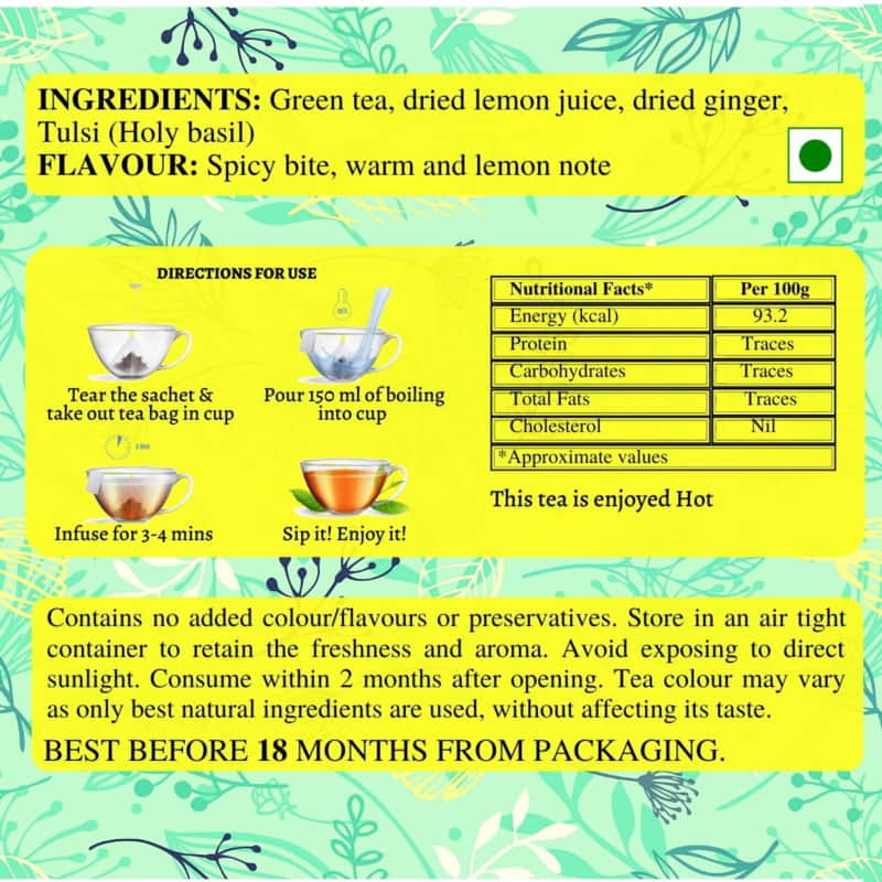 Orgenik: Shop Lemon Ginger Tulsi Green Tea | (15 Pyramid Tea bags) from brand Teaology