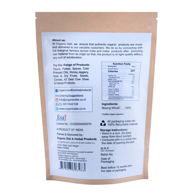 Orgenik: Shop Organic Moong Whole(Moong Sabut) from the brand Organic Diet