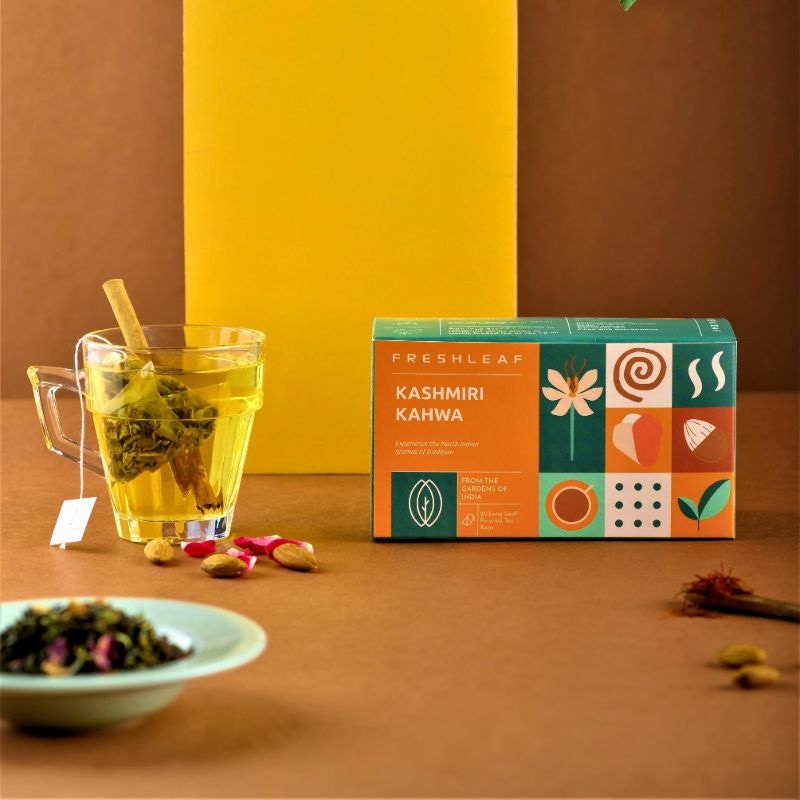 Orgenik: Kashmiri Kahwa Green Tea Leaf filled with Anti-Oxidants for Eliminating Toxins and Nourishing Skin made with 100% Whole Long Leaf Saffron and Almonds 40 Pyramid Tea Bags - Pack of 2 from brand Freshleaf