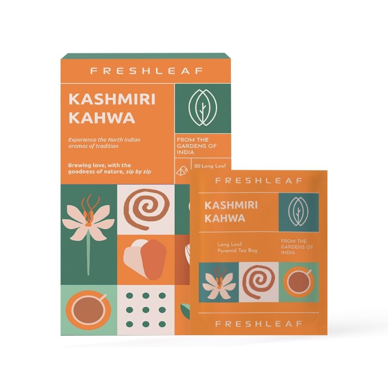 Orgenik: Kashmiri Kahwa Green Tea Leaf filled with Anti-Oxidants for Eliminating Toxins and Nourishing Skin made with 100% Whole Long Leaf Saffron and Almonds 20 Pyramid Tea Bags from brand Freshleaf