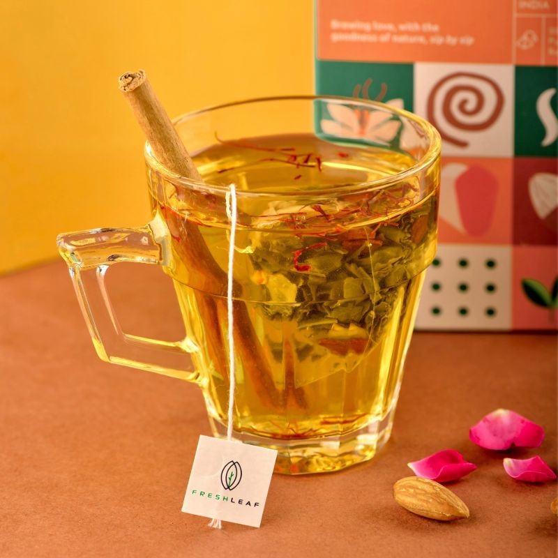 Orgenik: Kashmiri Kahwa Green Tea Leaf filled with Anti-Oxidants for Eliminating Toxins and Nourishing Skin made with 100% Whole Long Leaf Saffron and Almonds 40 Pyramid Tea Bags - Pack of 2 from brand Freshleaf