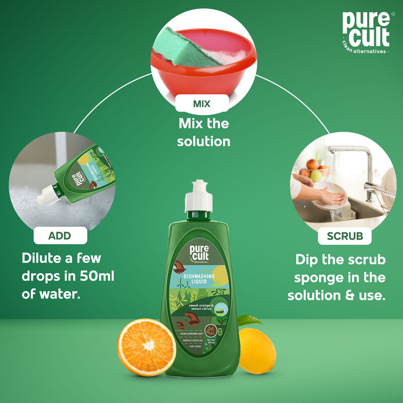 Orgenik: Shop Eco-Friendly Dishwash Liquid with Sweet Orange and Lemon Essential Oils from the brand PureCult