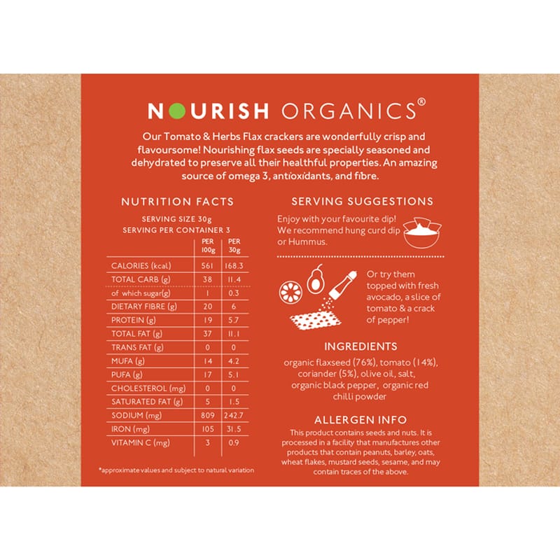 Orgenik: Shop Tomato & Herbs Flax Crackers from the brand Nourish Organics