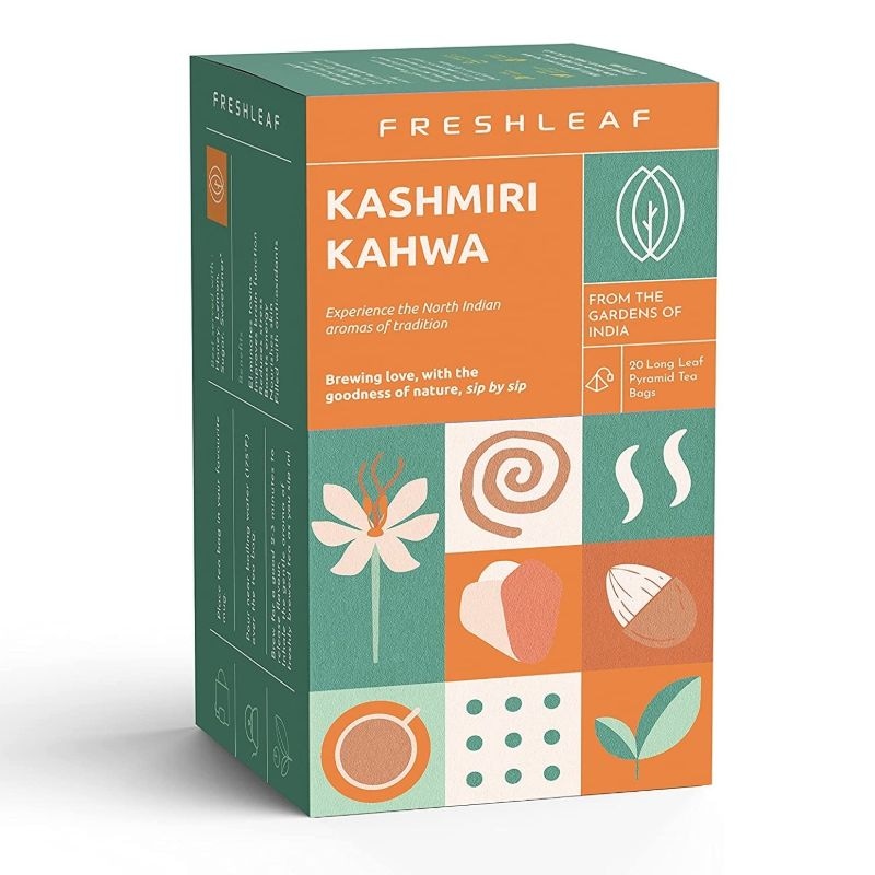 Orgenik: Kashmiri Kahwa Green Tea Leaf filled with Anti-Oxidants for Eliminating Toxins and Nourishing Skin made with 100% Whole Long Leaf Saffron and Almonds 20 Pyramid Tea Bags from brand Freshleaf